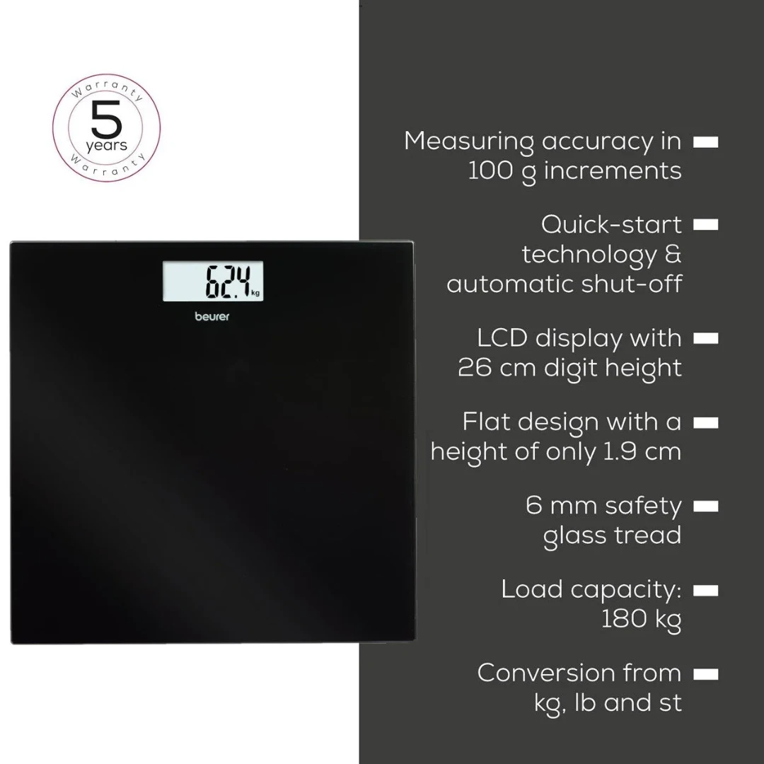 BEURER Timbangan Digital Ultra Slim Kapasitas 180kg Black Glass Personal Scale GS 10 BEURER Timbangan Digital Ultra Slim Kapasitas 180kg Black Glass Personal Scale GS 10