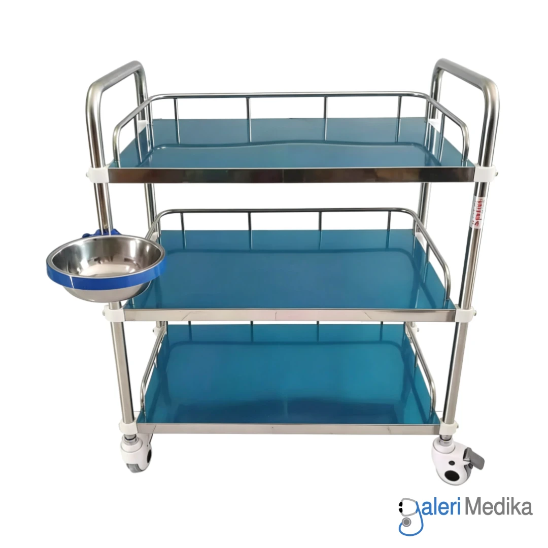 SPIRIT Meja Instrument 3 Rak + Baskom Stainless Steel Troli Medis SP-ST125