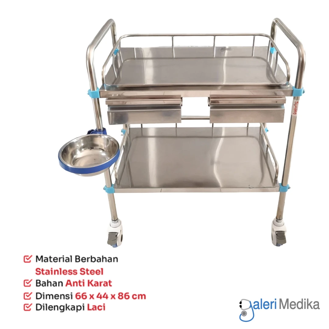 SPIRIT Meja Instrument 2 Rak + Baskom + Laci Stainless Steel Troli Medis SP-ST761