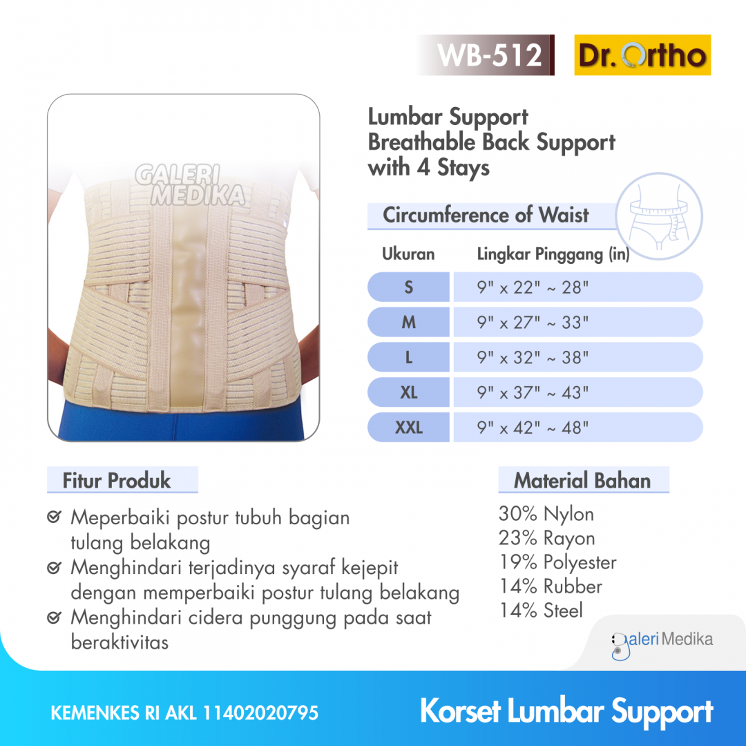 Dr. Ortho WB-512 Breathable Back / Lumbar Support with 4 stays