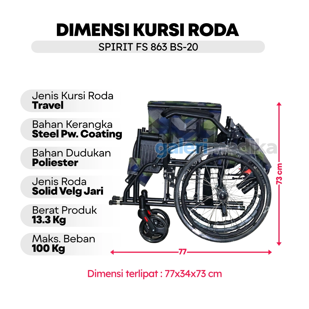 SPIRIT Kursi Roda Manual FS 863 BS-20 Steel Wheelchair Velg Jari