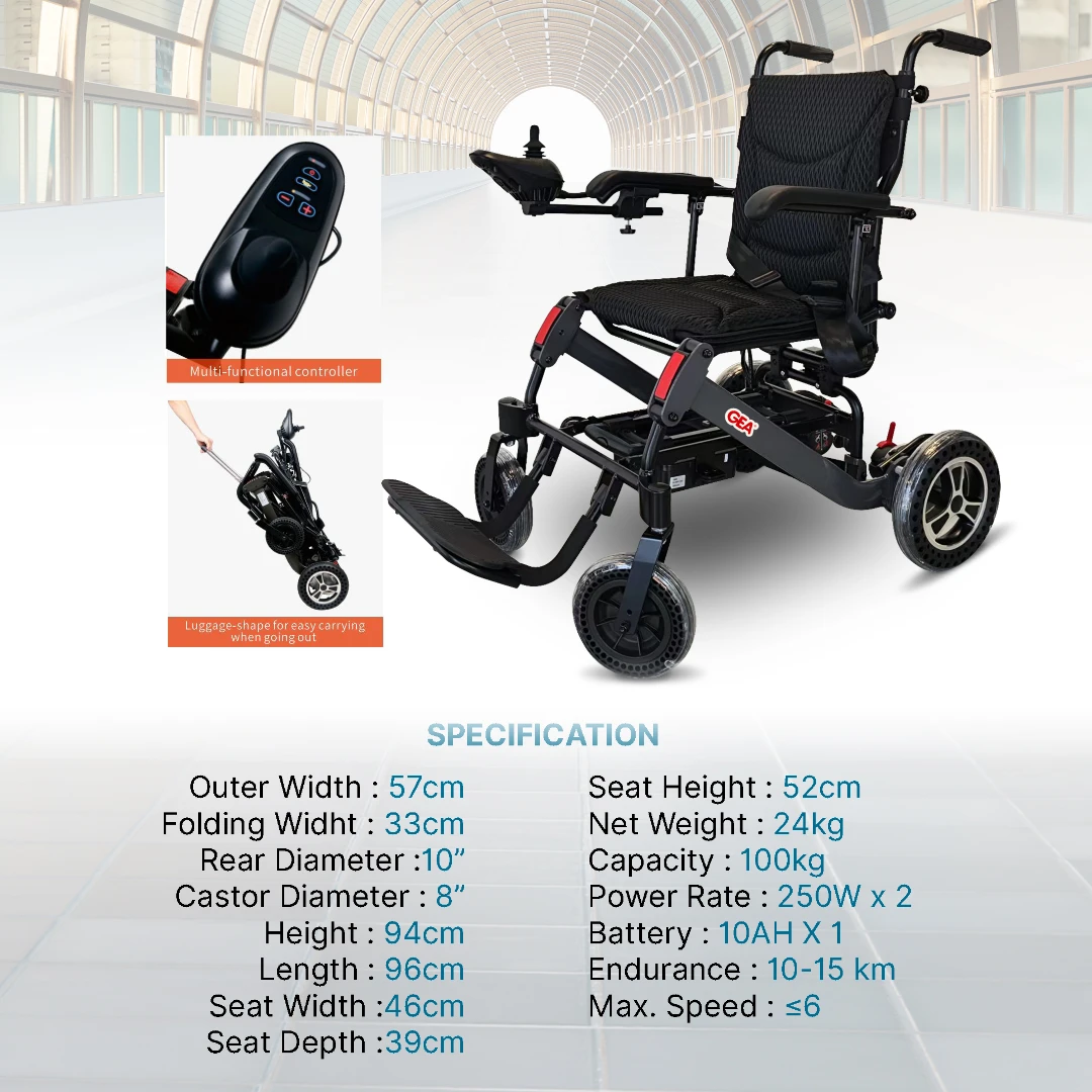 Kursi Roda Travel Elektrik GEA GO-106 Electra + Handle Brushless Motor & Li-Ion Battery