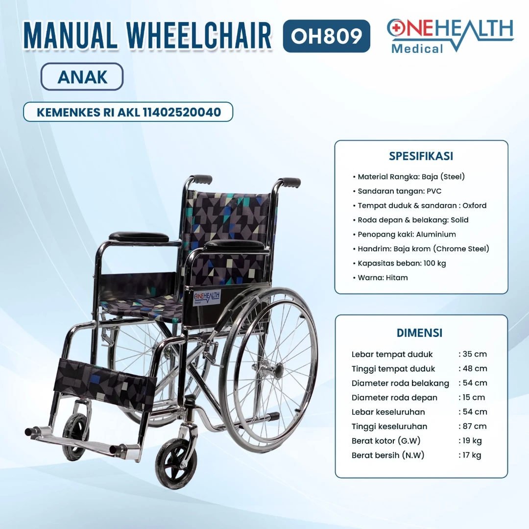 Kursi Roda Standar Anak OneHealth OH-809 Steel Chrome Wheelchair