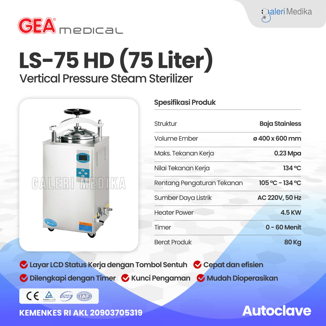 Autoclave GEA LS-75HD Pressure Steam Sterilizer LCD Display