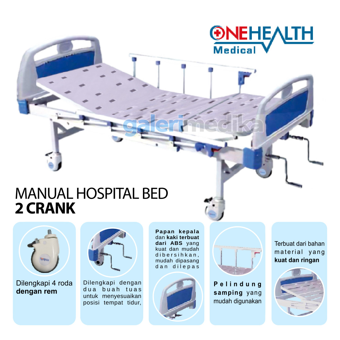 Ranjang Pasien OneHealth Manual Hospital Bed Deluxe 2 Crank + Tiang Infus