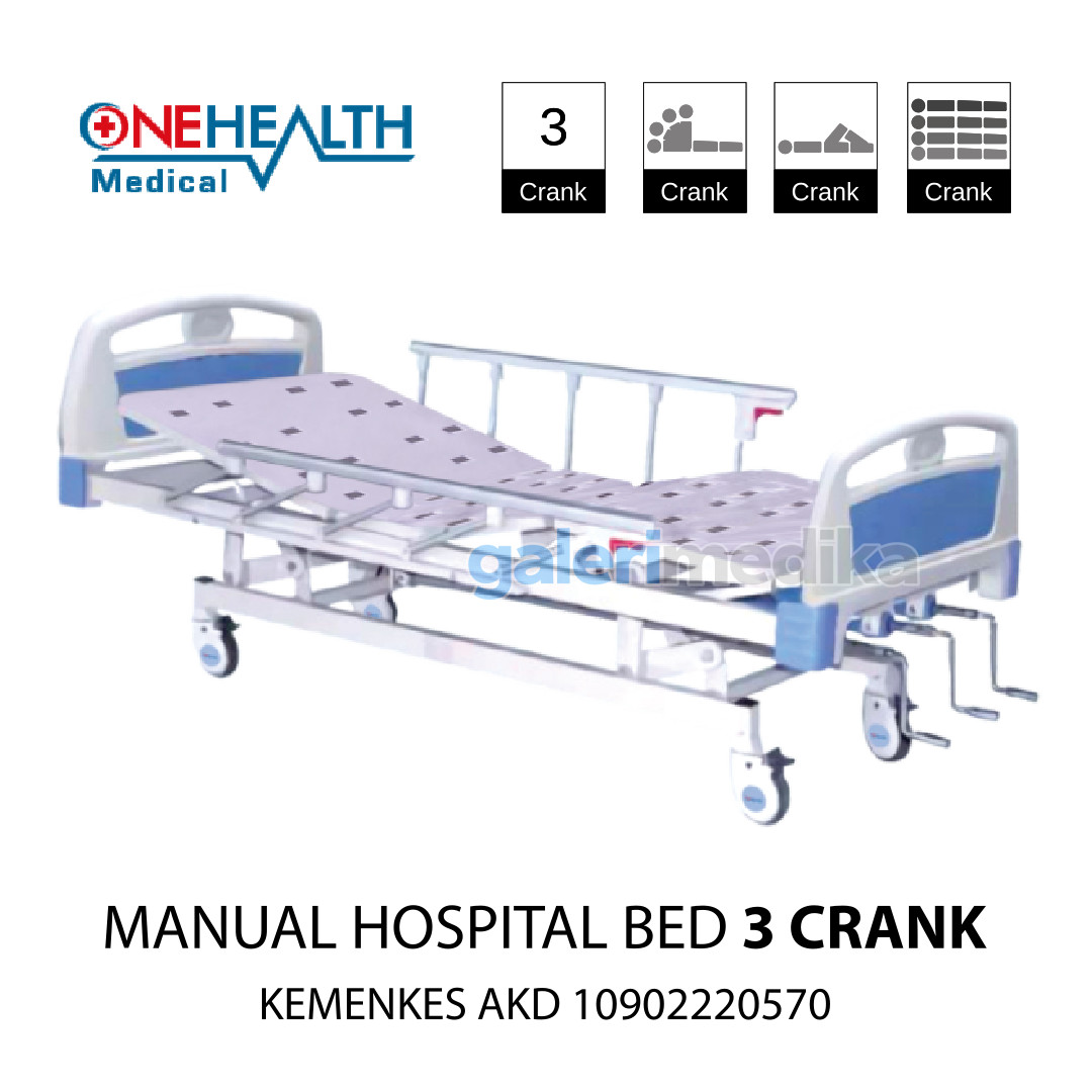 Ranjang Pasien OneHealth Manual Hospital Bed Deluxe 3 Crank + Tiang Infus
