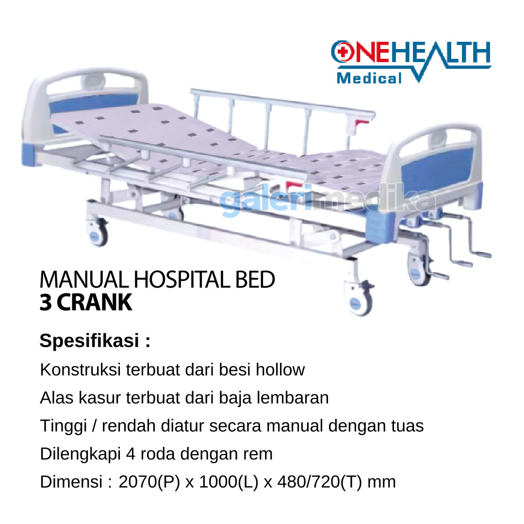 Ranjang Pasien OneHealth Manual Hospital Bed Deluxe 3 Crank + Tiang Infus